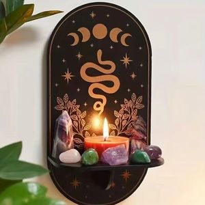 Moon Phase Serpent Wood Candle Holder